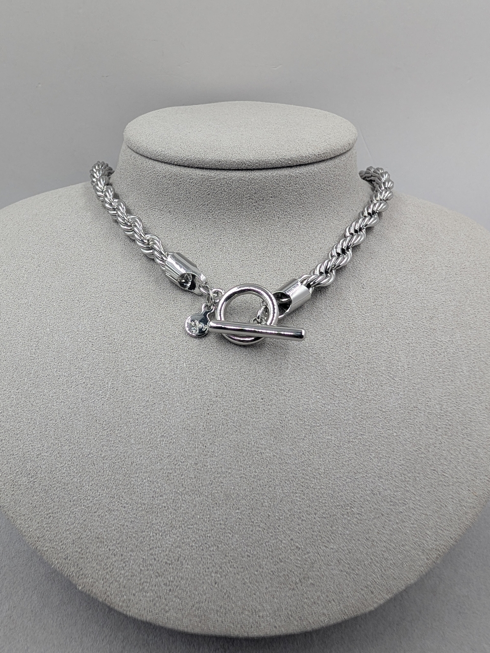 LOFT Silver Tone Chunky Rope Chain Toggle Statement Necklace 0809